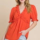 Lime 'N' Chili Solid Ruffled Deep V-Neck Puff Sleeve Babydoll Top - DAVERRI FASHIONS