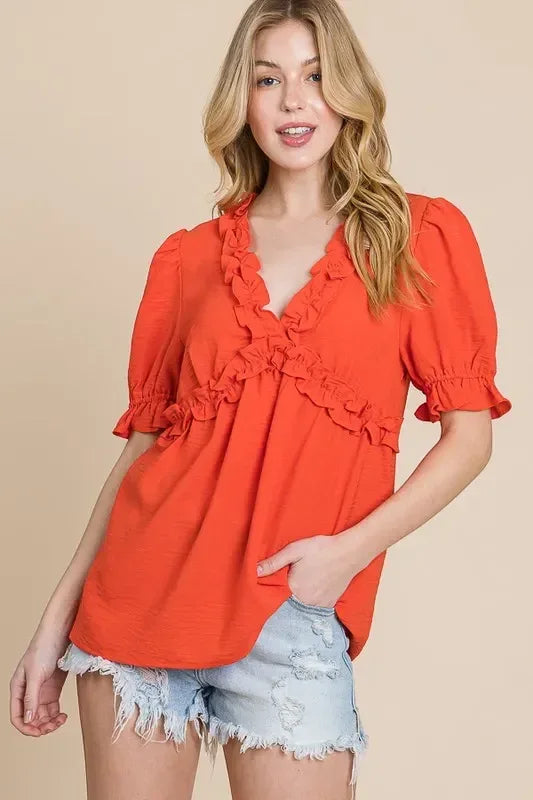 Lime 'N' Chili Solid Ruffled Deep V-Neck Puff Sleeve Babydoll Top - DAVERRI FASHIONS