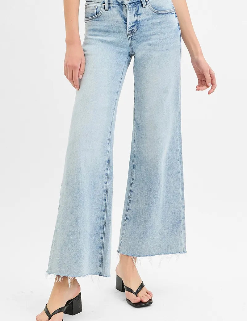 LIGHT RISEN Full Size Tummy Control Low Rise Wide Leg Raw Cut Hem Jeans Plus Size | Jeans Daverri Fashions