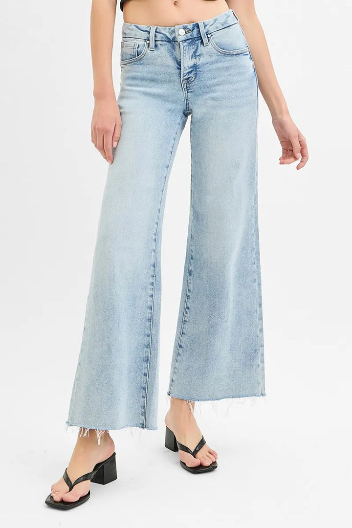 RISEN Full Size Tummy Control Low Rise Wide Leg Raw Cut Hem Jeans Plus Size LIGHT Jeans