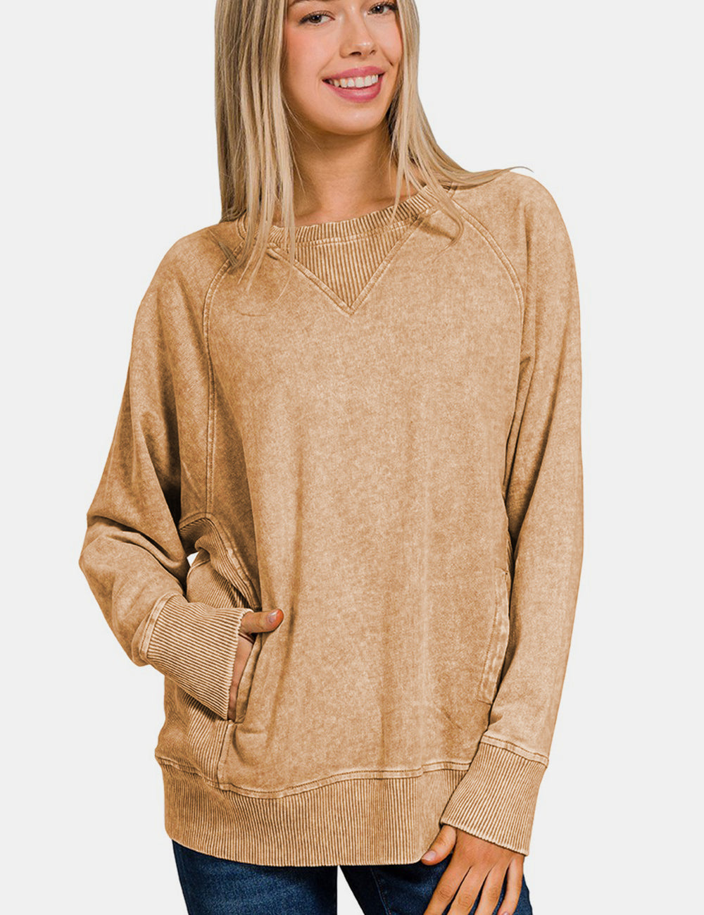 Pocketed Round Neck Sweatshirt Camel Tops