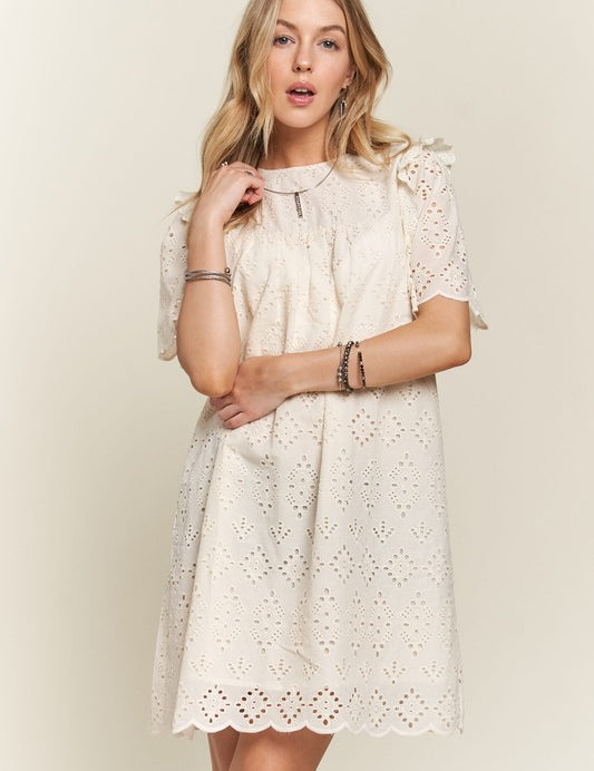 ADORA Ruffled Eyelet Round Neck Dress NATURAL