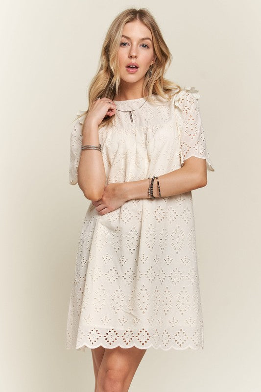 ADORA Ruffled Eyelet Round Neck Dress NATURAL