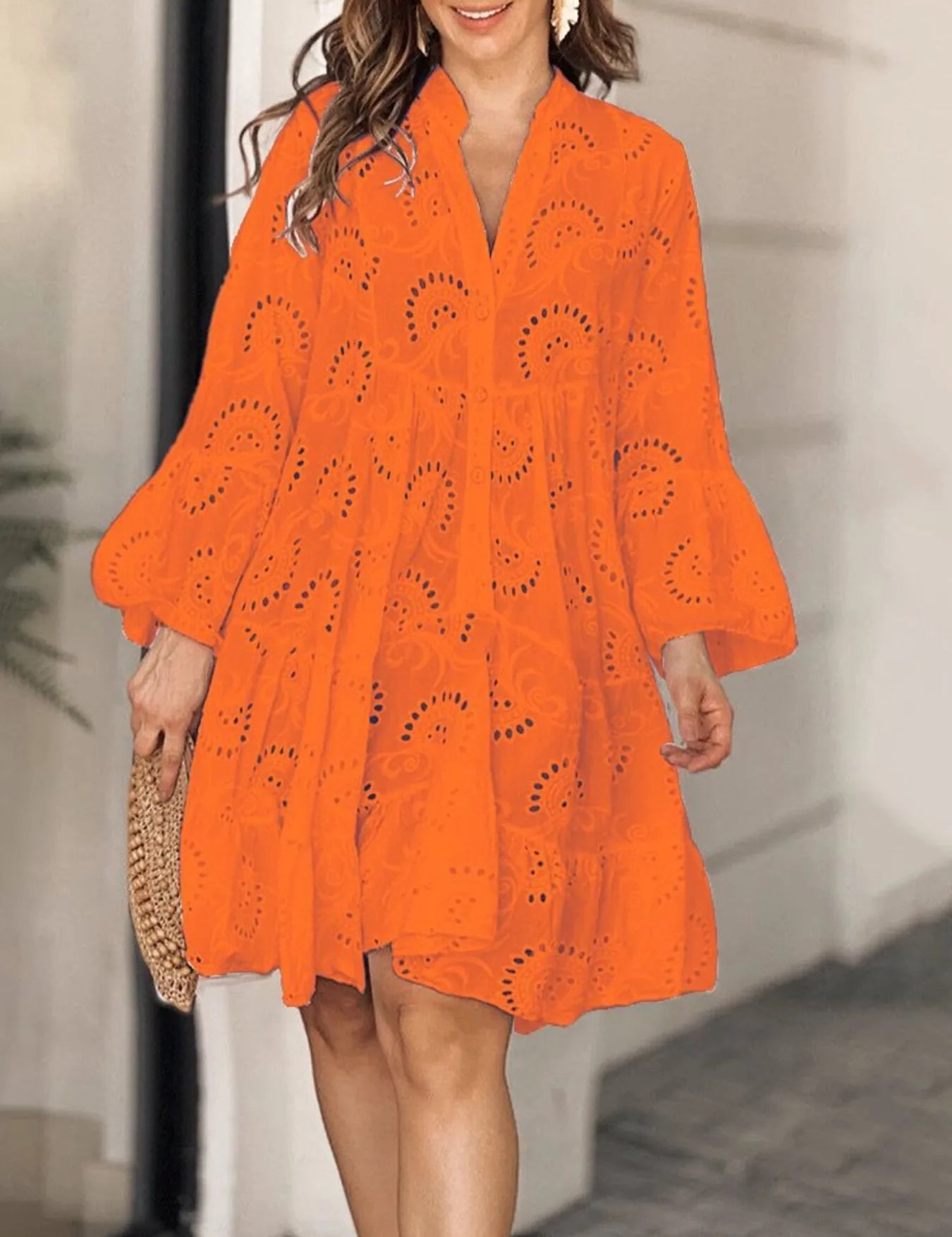 Orange Full Size Eyelet Ruffled Hem Tiered Dress Plus Size | Mini Dresses Daverri Fashions