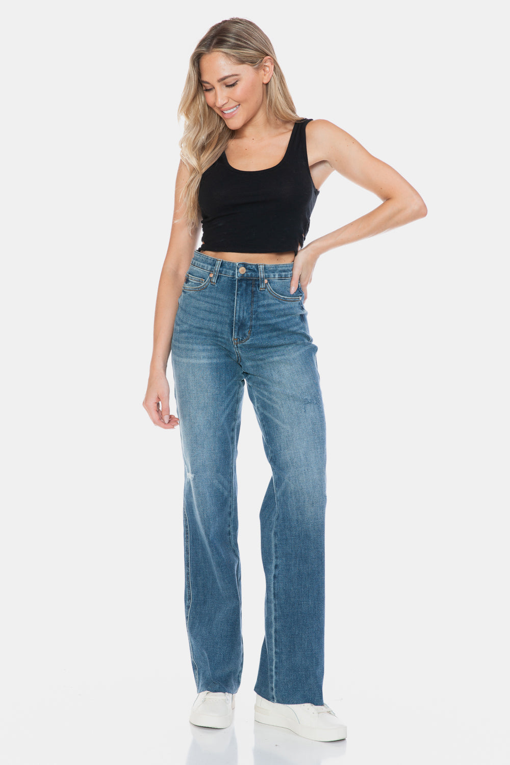 Judy Blue Tummy Control Cut Raw Hem Straight Jeans Bottoms