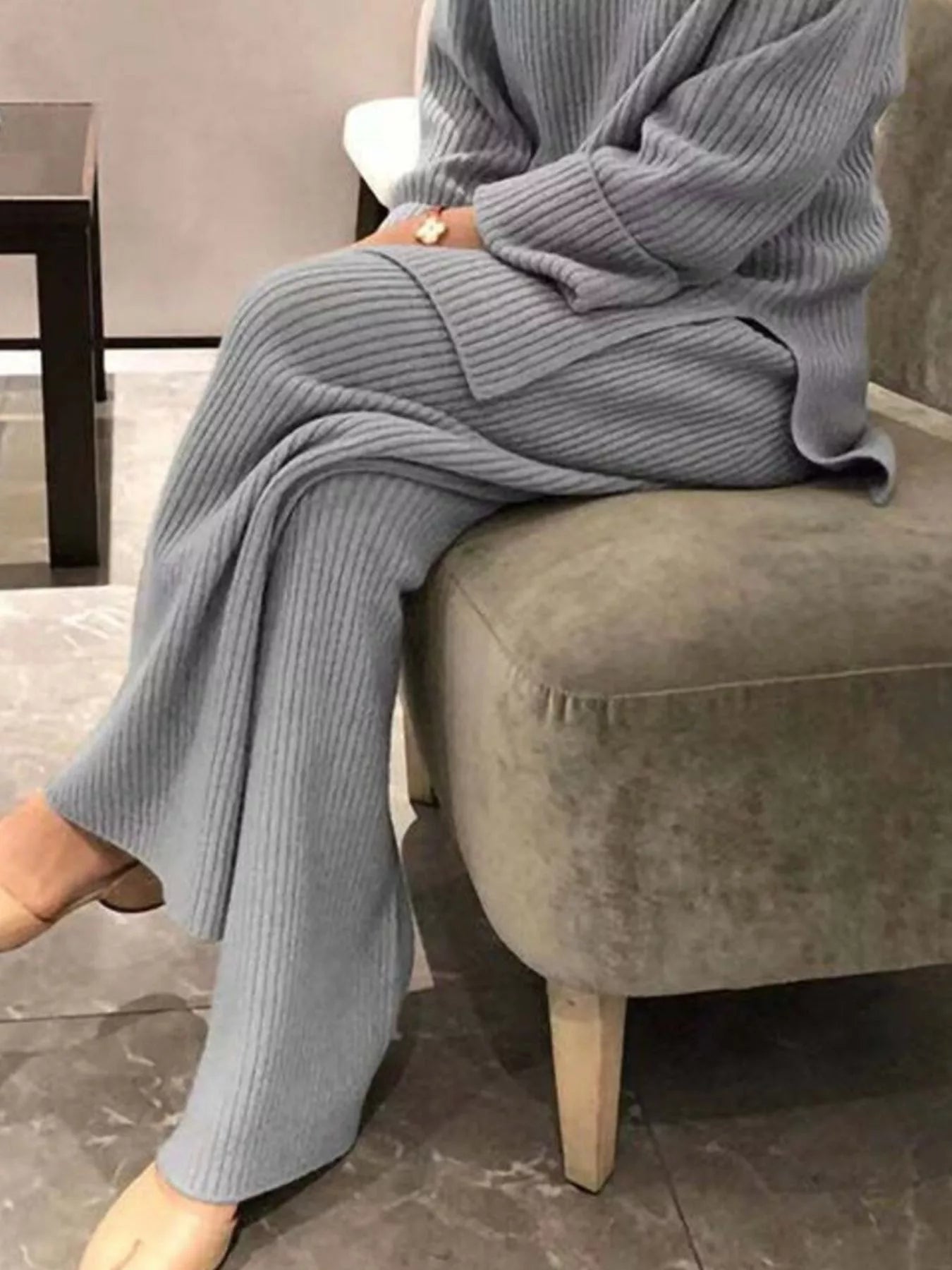Cozy light gray ribbed knit plus size sweater set with wide-leg pants