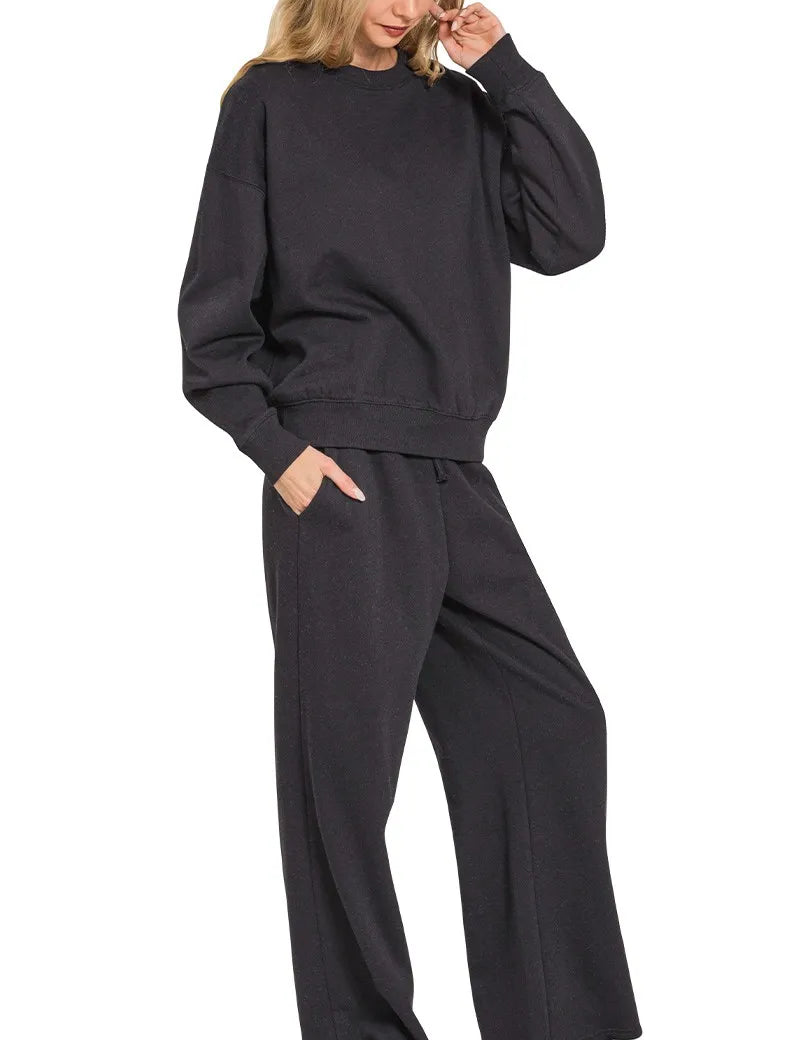 BLACK Zenana Fleece Long Sleeve Top and Sweatpants Set | Loungewear Sets Daverri Fashions