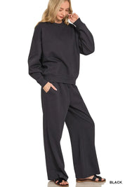 BLACK Zenana Fleece Long Sleeve Top and Sweatpants Set | Loungewear Sets Daverri Fashions