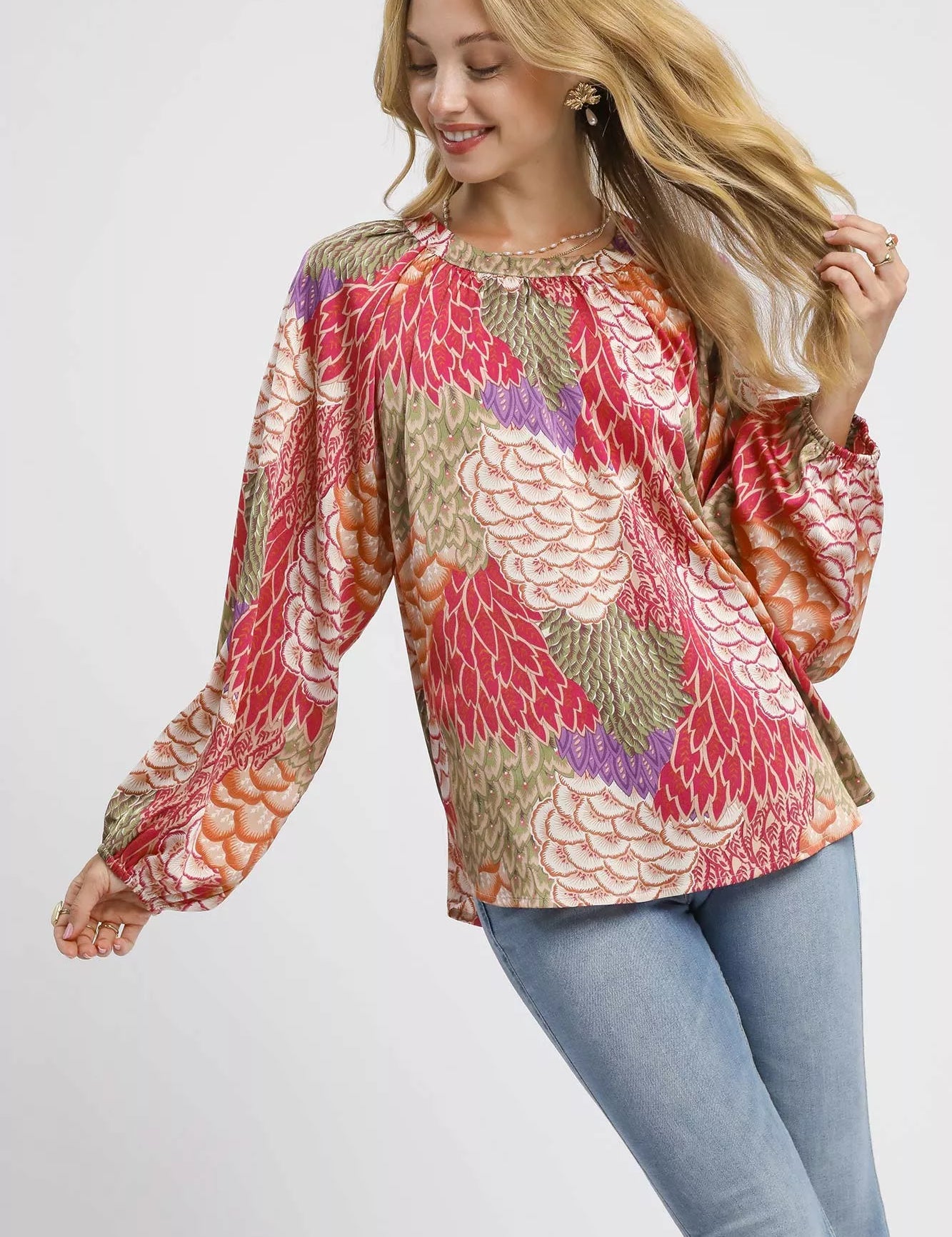 Umgee Boho Feather Print Peasant Blouse | Blouses Daverri Fashions
