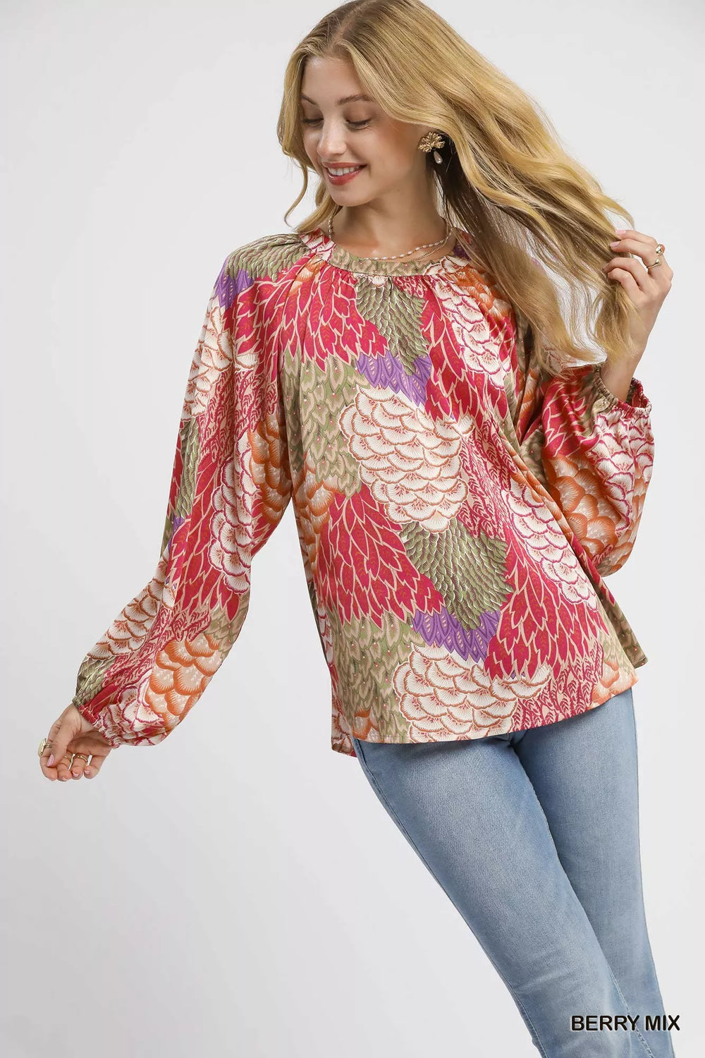 Umgee Boho Feather Print Peasant Blouse | Blouses Daverri Fashions