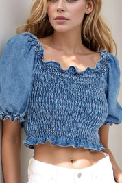 Puff Sleeve Smocked Cropped Denim Top | Tops Daverri Fashions