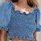 Puff Sleeve Smocked Cropped Denim Top - DAVERRI FASHIONS