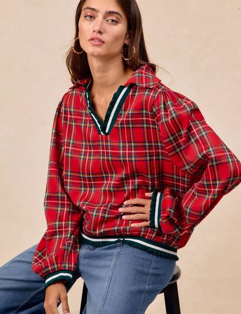 Red plaid BiBi Christmas collared top with ruffles and fleece trim