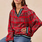 BiBi Christmas Plaid Collared Top with Ruffled Detail - DAVERRI FASHIONS