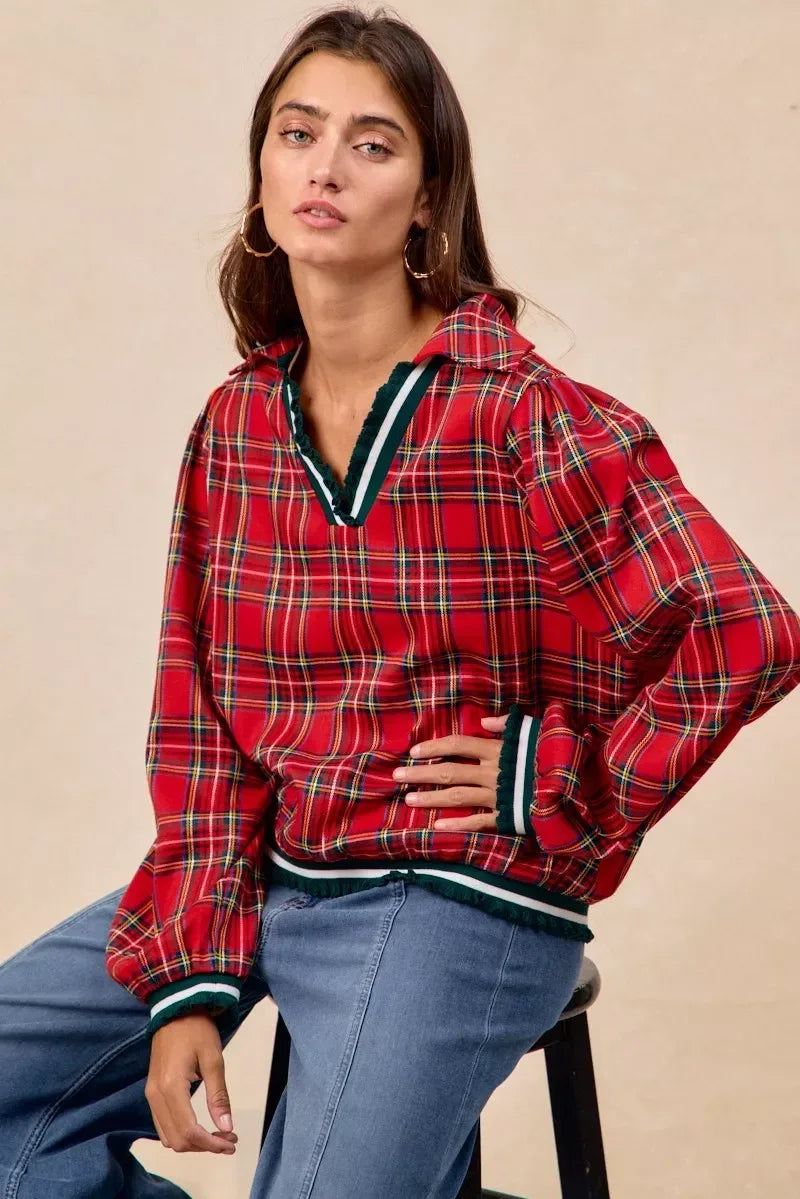 BiBi Christmas Plaid Collared Top with Ruffled Detail - DAVERRI FASHIONS