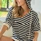 BiBi Stripe Fleece Notch Neck Short Sleeve Hoodie - DAVERRI FASHIONS