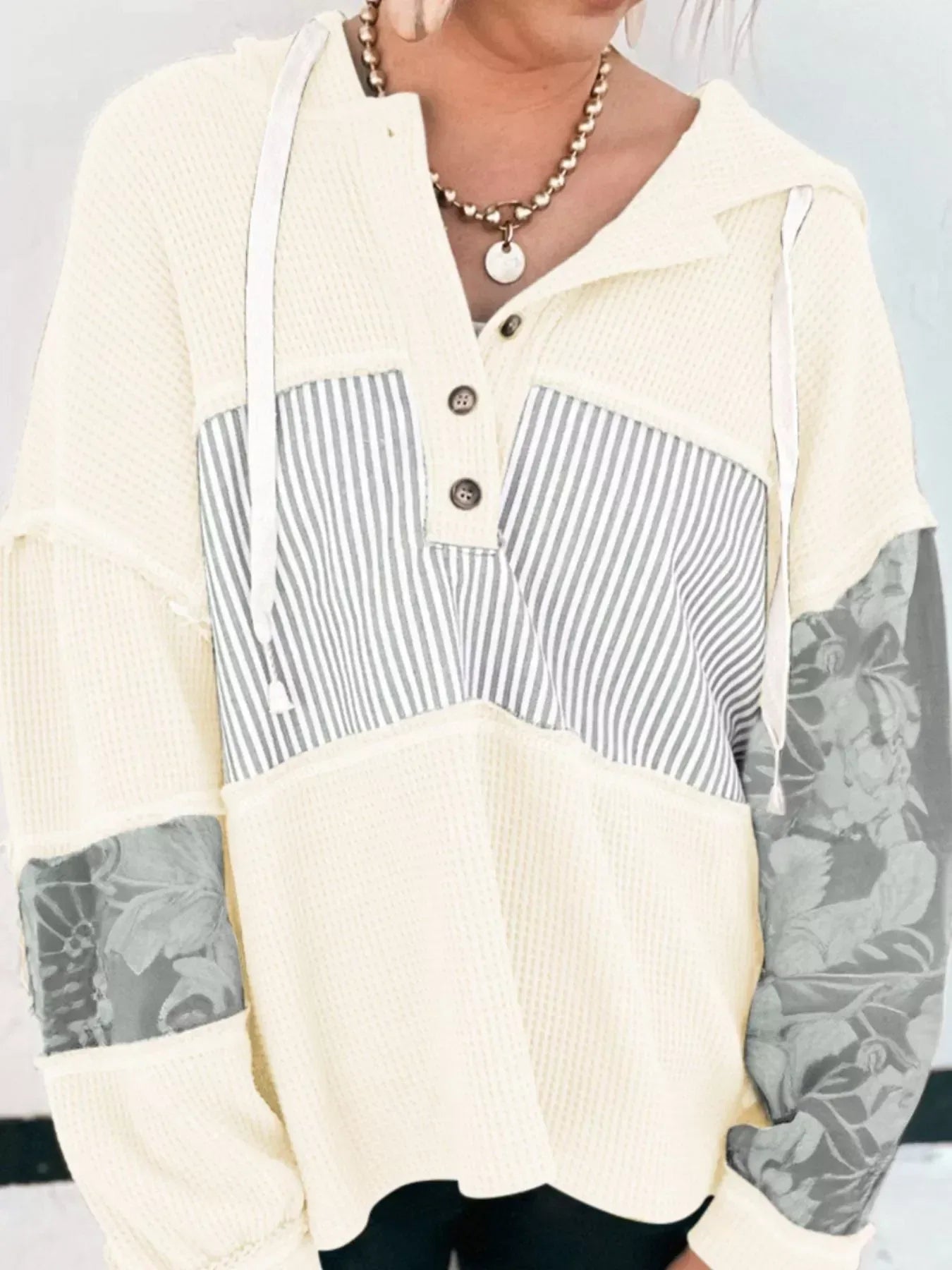 Daverri Fashions Waffle Knit Oversized Striped Drawstring Hoodie - DAVERRI FASHIONS