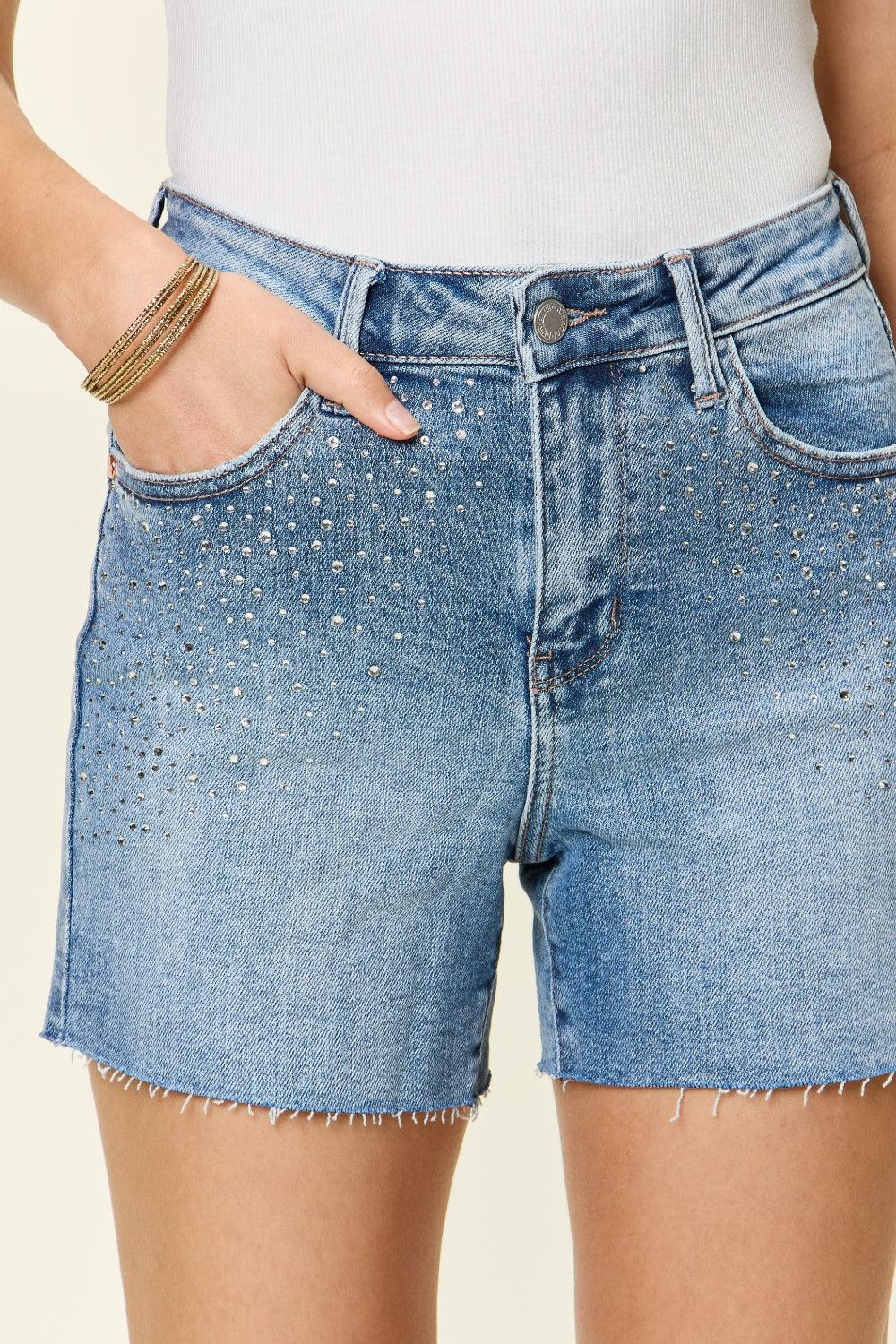 Judy Blue Full Size High Waist Rhinestone Decor Denim Shorts Shorts