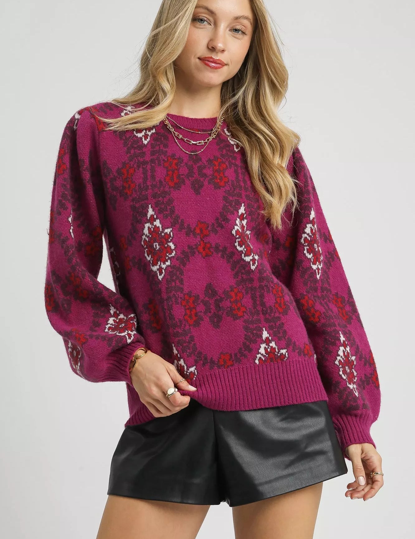 BERRY Umgee Boho Patterned Long Sleeve Sweater | Sweaters Daverri Fashions
