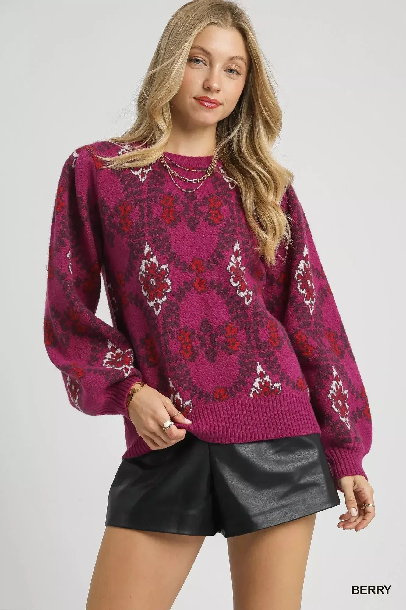 Umgee Boho Patterned Long Sleeve Sweater - DAVERRI FASHIONS