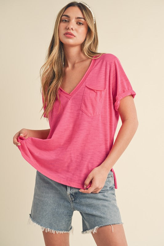 Aemi + Co Side Slit V-Neck Short Rolled Sleeve T-Shirt Hot Pink T-Shirts