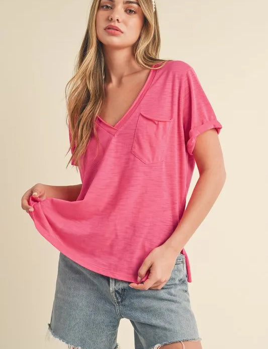 Hot Pink Aemi + Co Side Slit V-Neck Short Rolled Sleeve T-Shirt | Daverri Fashions