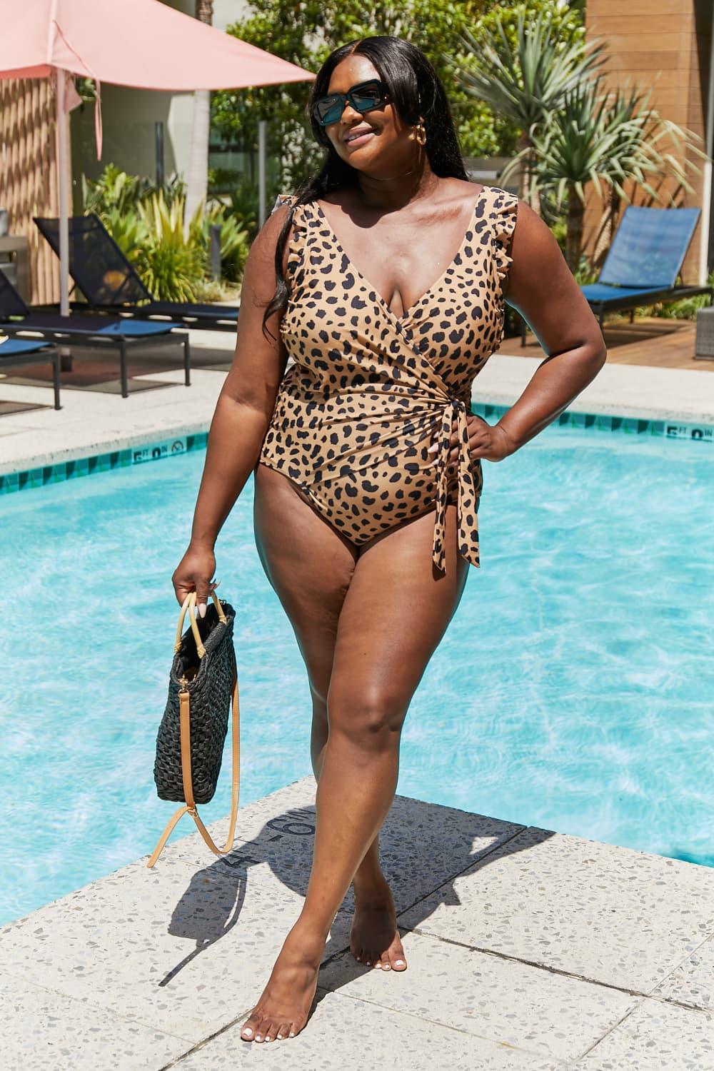 Marina West Swim Full Size Float On Ruffle Faux Wrap One-Piece in Leopard Swimwear