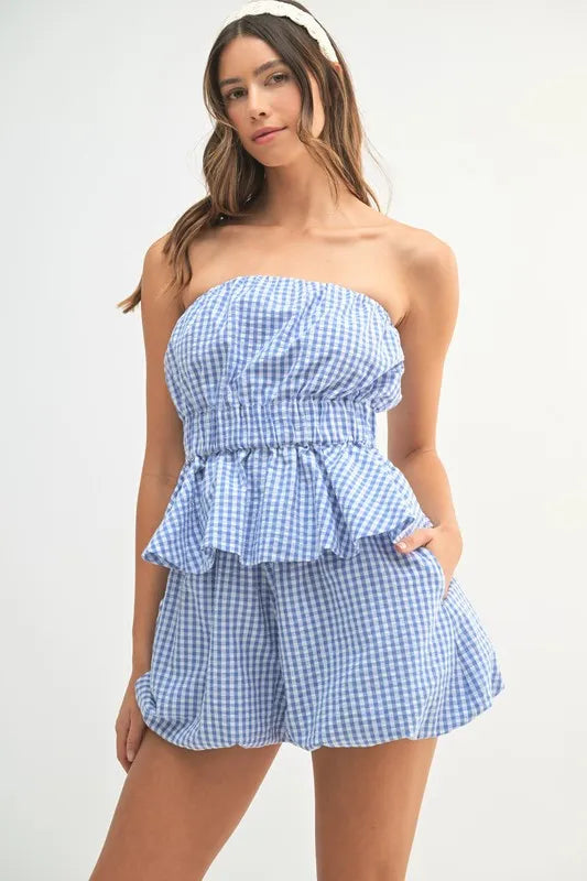 MABLE Gingham Tube Top and Shorts Set Blue