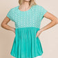 Lime 'N' Chili Full Size Embroidered Short Sleeve Pleated Babydoll Top Plus Size