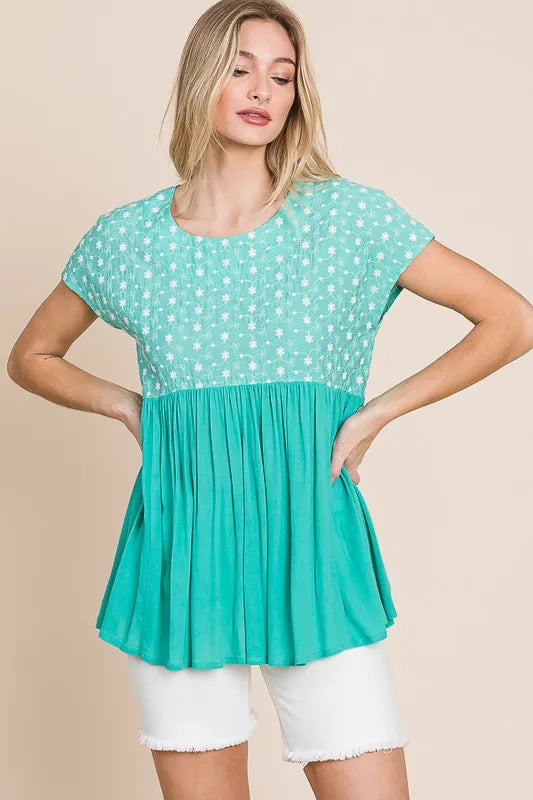 Lime 'N' Chili Full Size Embroidered Short Sleeve Pleated Babydoll Top Plus Size