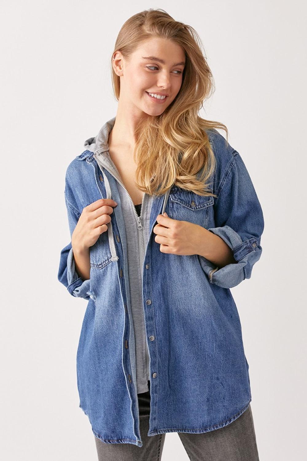 RISEN Zip Up Hooded Denim Shirt Shackets