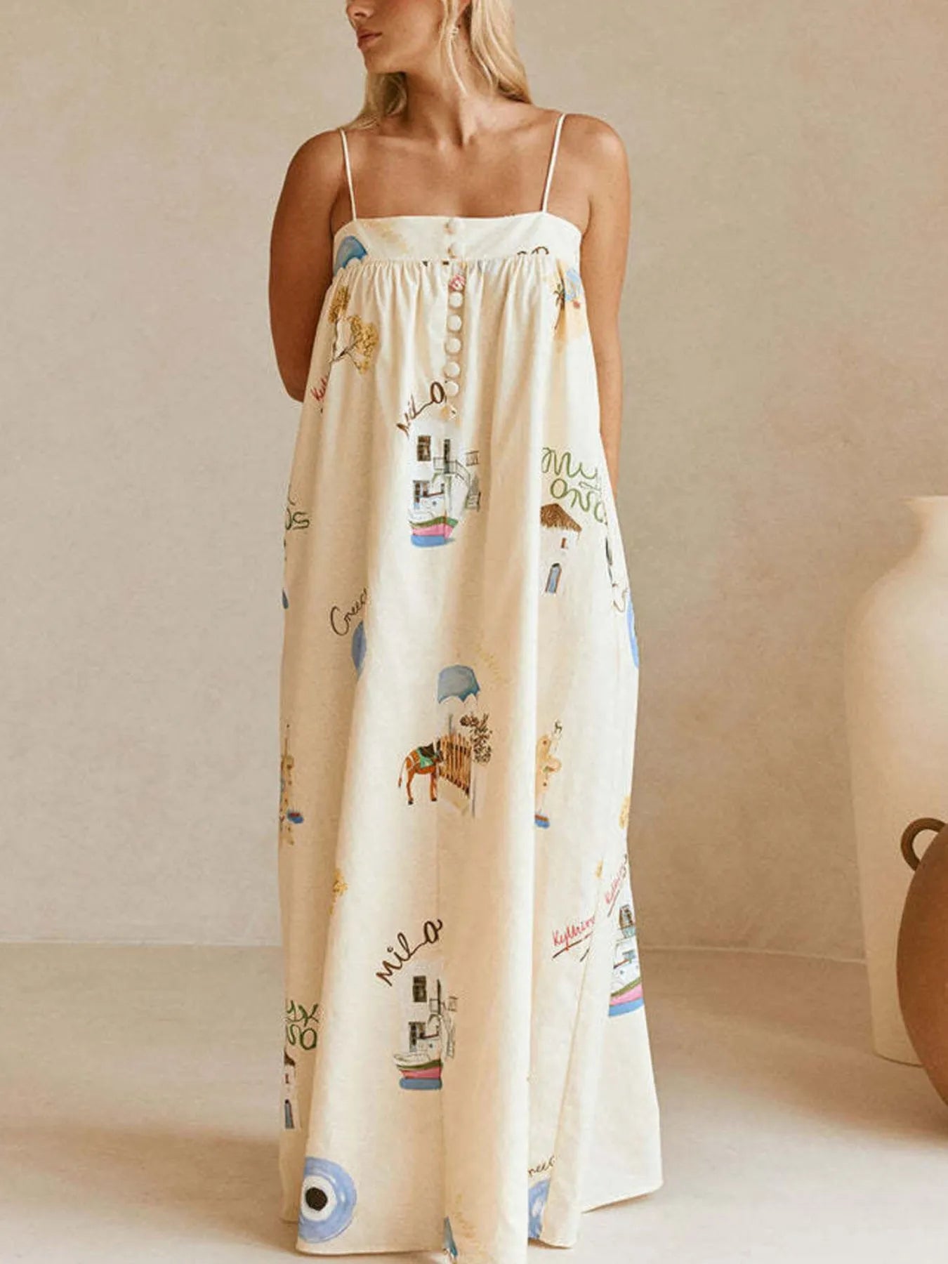 Daverri bohemian print cami maxi dress with boats and whimsical text