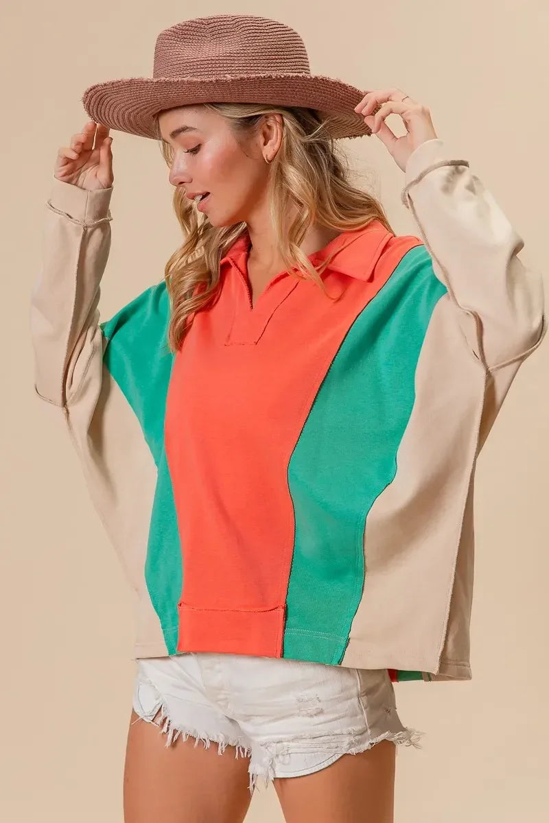 BiBi Colorblock Exposed Seam French Terry Sweatshirt - DAVERRI FASHIONS