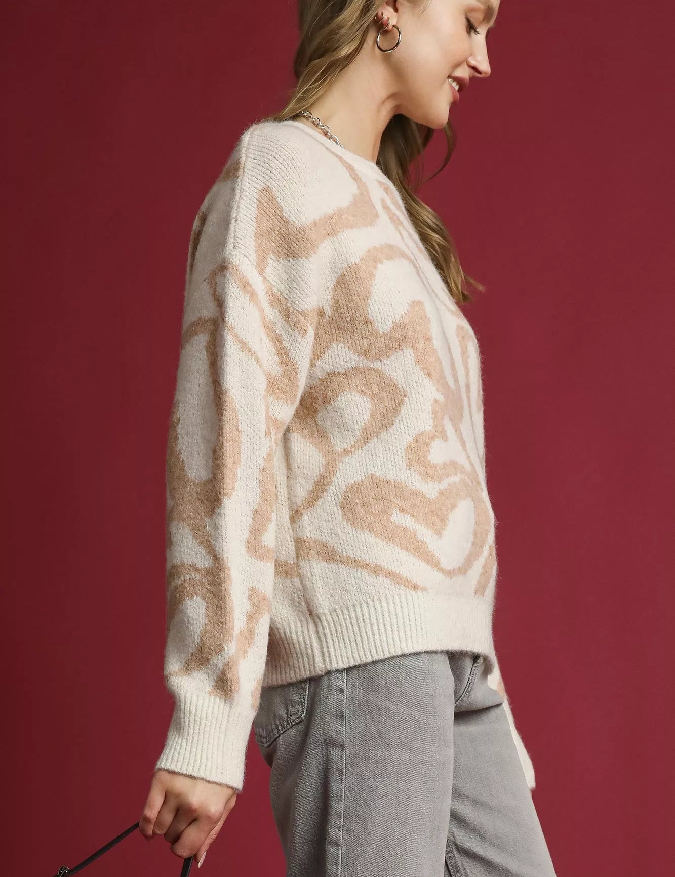 Umgee Heart Print Crew Neck Sweater | Sweaters Daverri Fashions