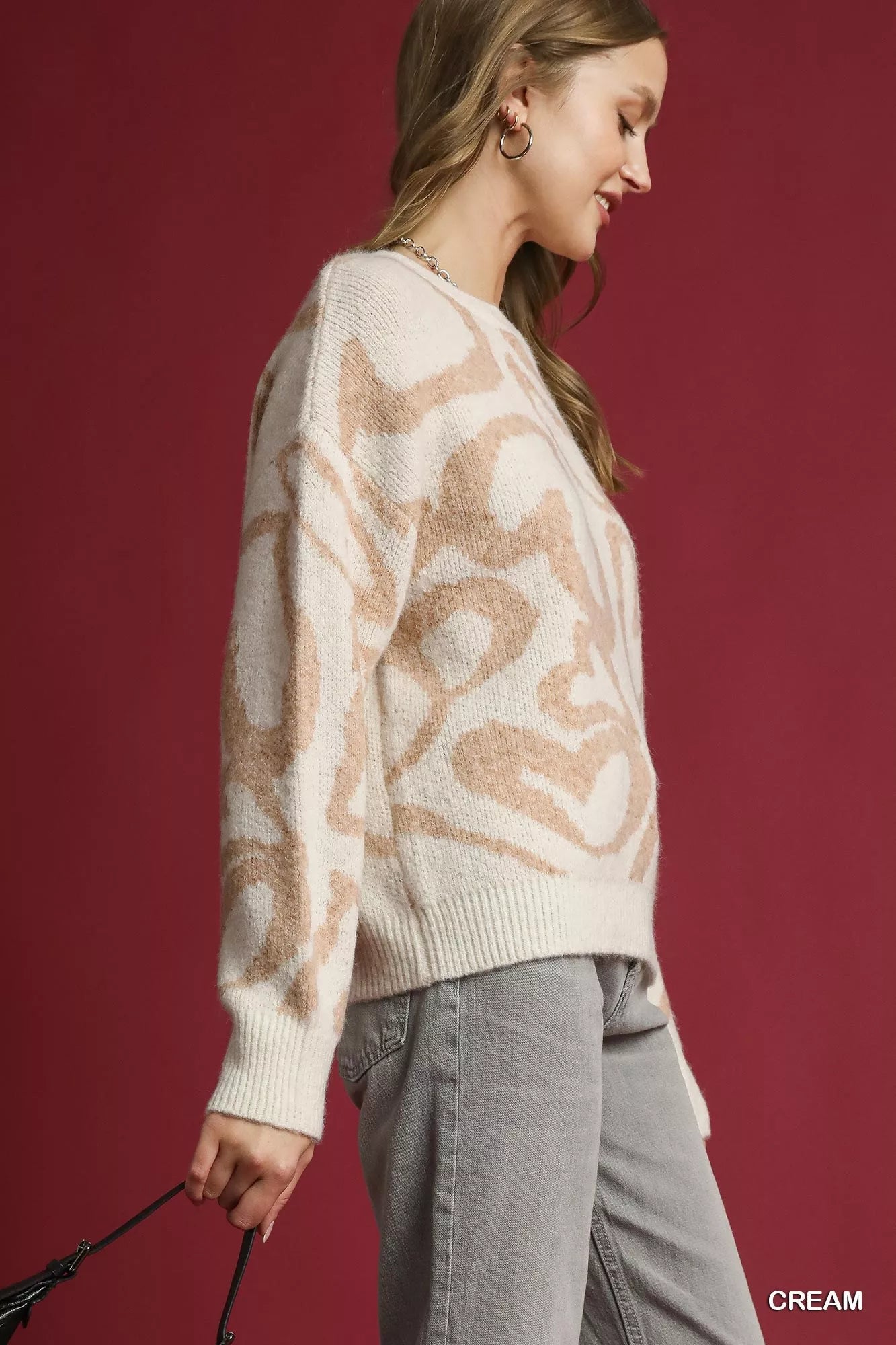 Umgee Heart Print Crew Neck Sweater | Sweaters Daverri Fashions
