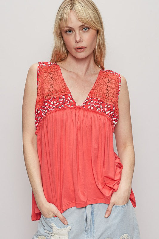 POL Lace Detail Frill Floral V-Neck Sleeveless Top Strawberry