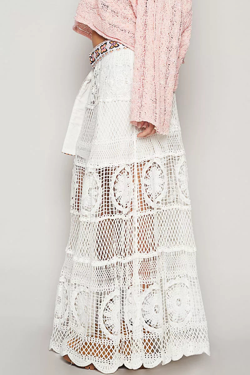White POL Crochet Floral Flared Maxi Skirt with Lace Patterns