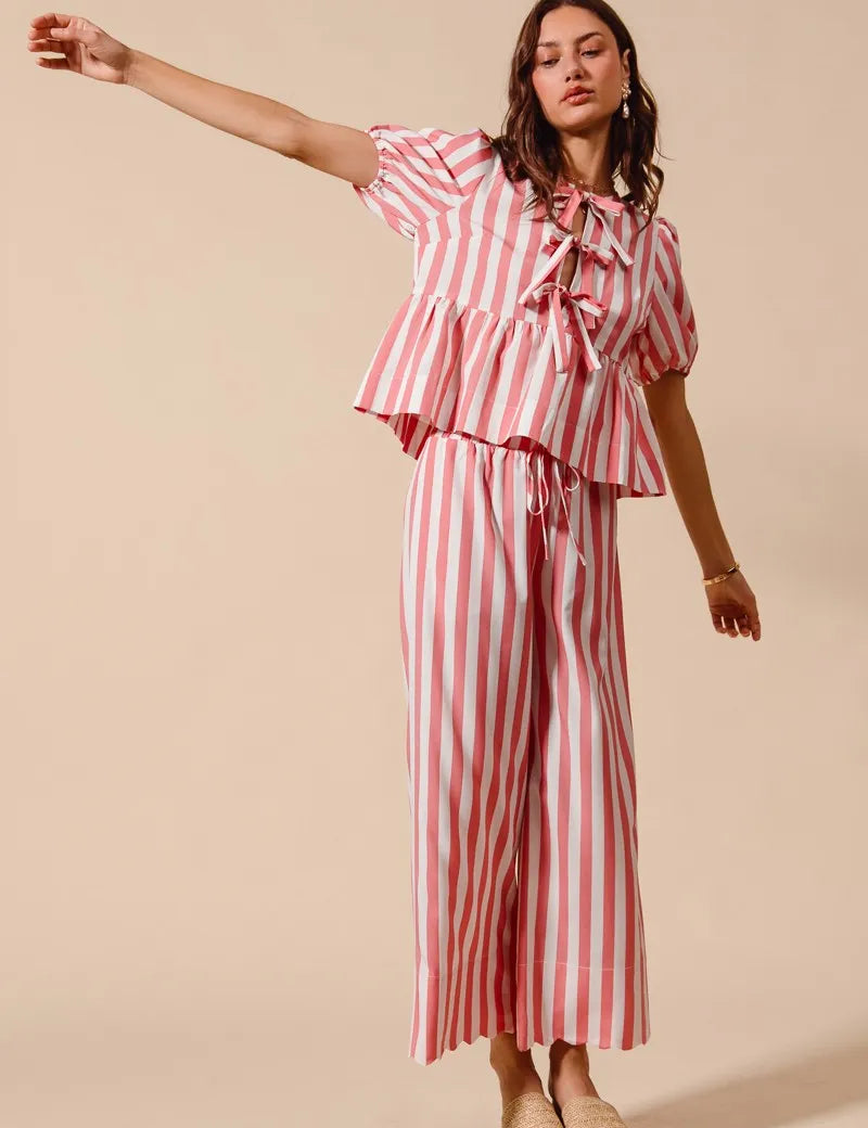 SO ME Front Tie Stripe Top With Puff Sleeves and Wide Leg Pants Set | Outfit Sets Daverri Fashions
