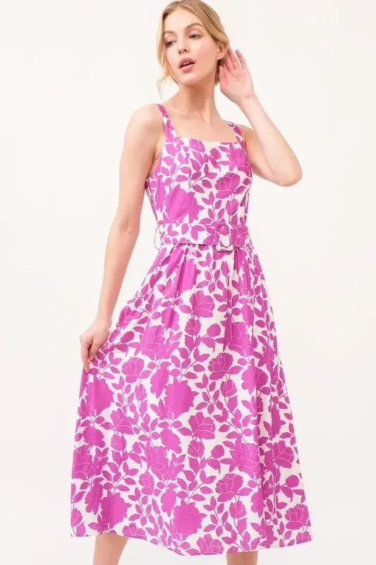 And The Why Square Neck Belted Floral Printed Midi Dress - DAVERRI FASHIONS