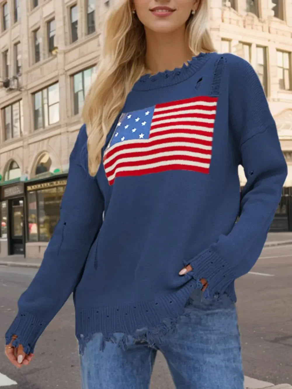 US Flag Distressed Round Neck Long Sleeve Sweater - DAVERRI FASHIONS