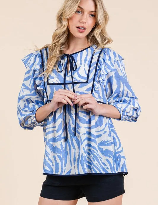 Lime 'N' Chili Graphic Print Solid Trim Quarter Sleeve Blouse | Daverri Fashions