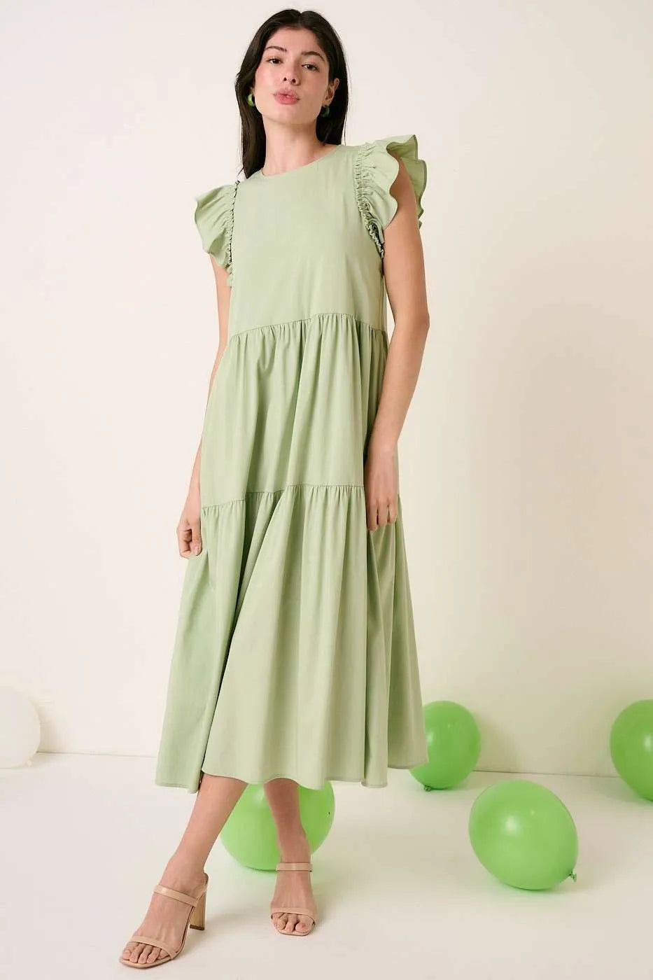 Mittoshop sage green ruffle short sleeve tiered maxi dress