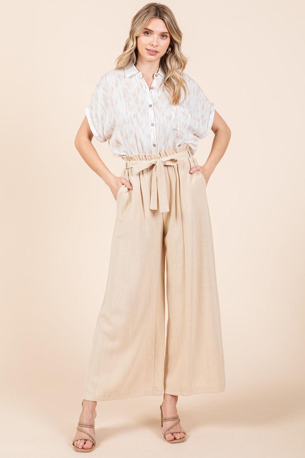 Mittoshop High Waist Tie Front Wide Leg Pants Pants