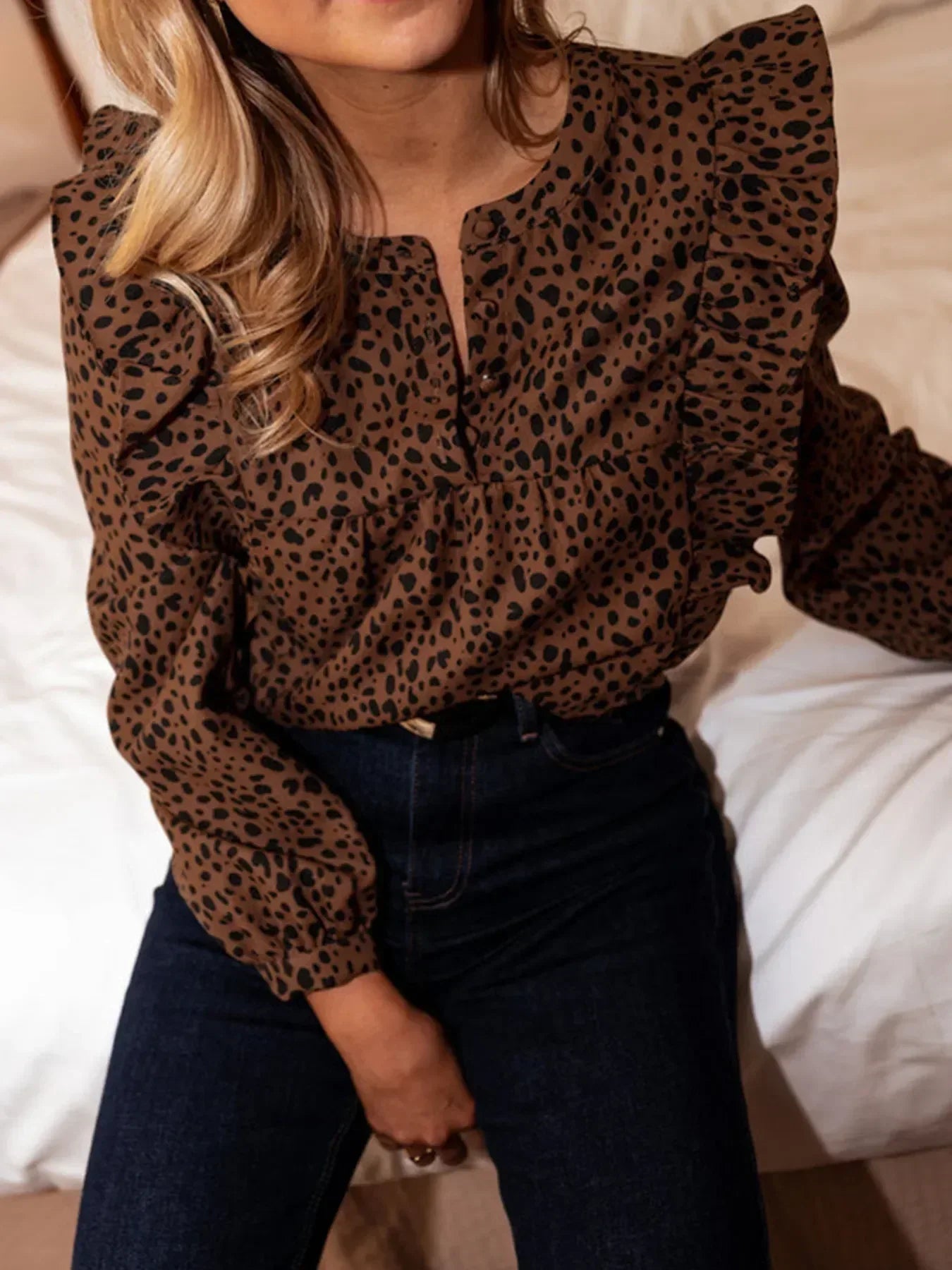 Leopard Print Ruffled Puff Sleeve Blouse - DAVERRI FASHIONS