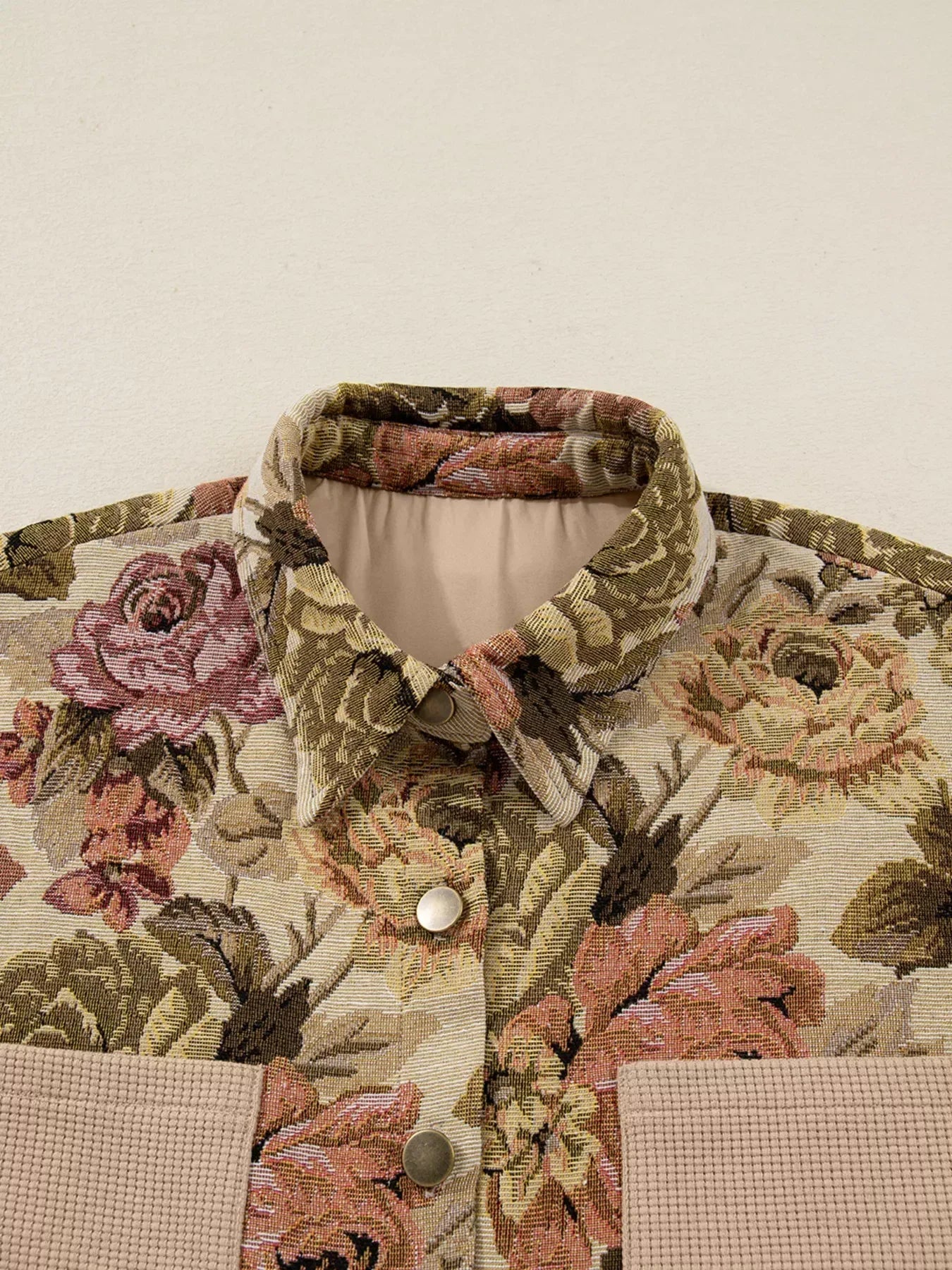 Floral Waffle Knit Patchwork Chest Pockets Buttoned Jacket - DAVERRI FASHIONS