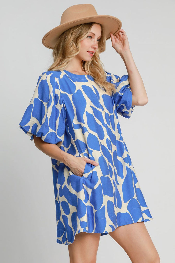 Umgee Two Tone Abstract Print Puff Sleeve Dress Midi Dresses