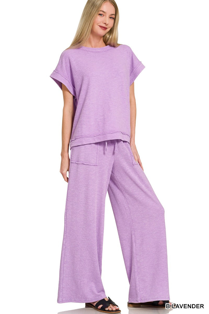 Zenana Washed Slub lavender loungewear set with ribbing