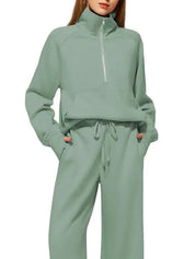 Half Zip Long Sleeve Top and Pants Set | Loungewear Sets Daverri Fashions