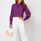 Purple ruched mock neck long sleeve blouse with high collar