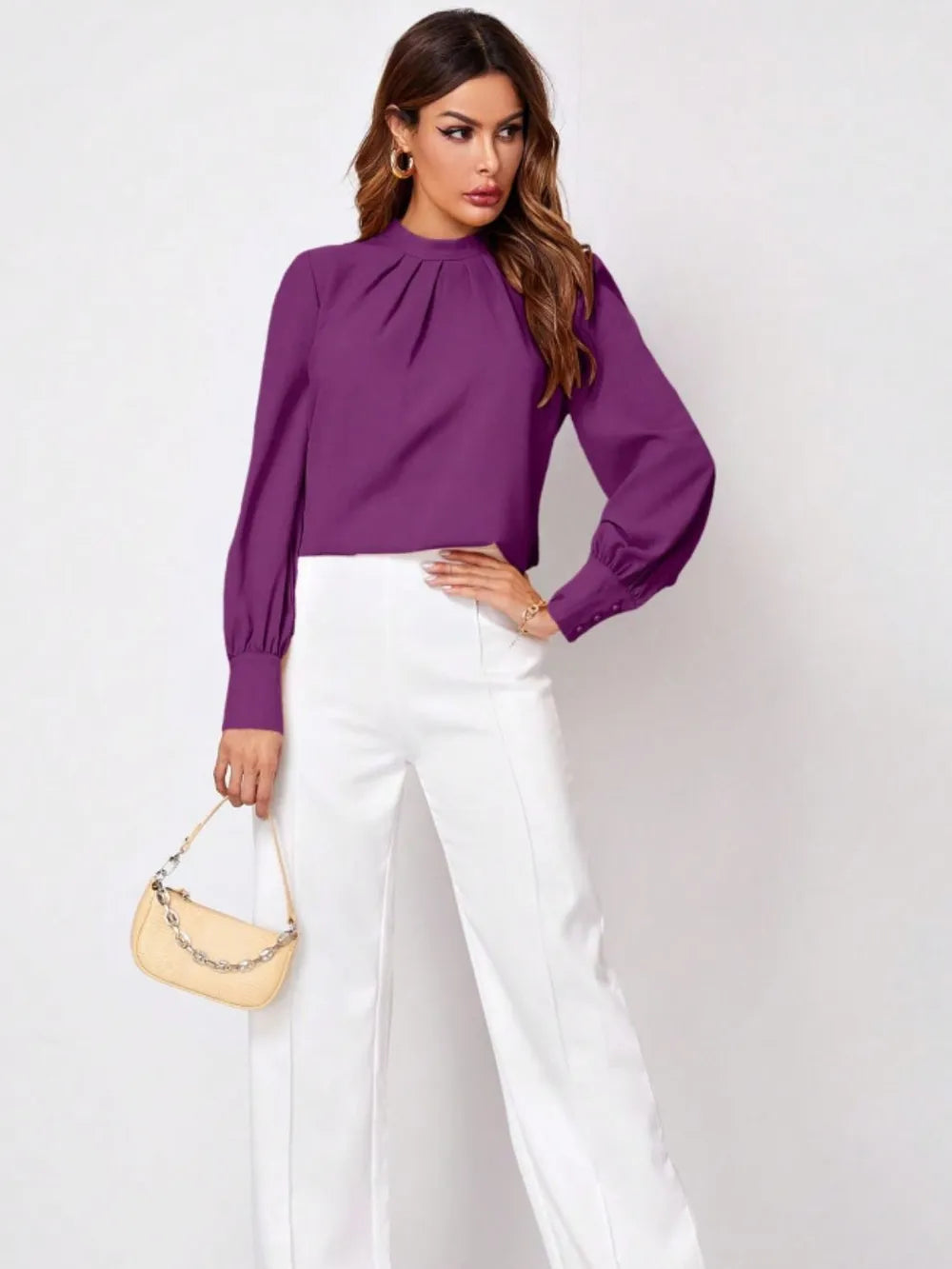 Purple ruched mock neck long sleeve blouse with high collar